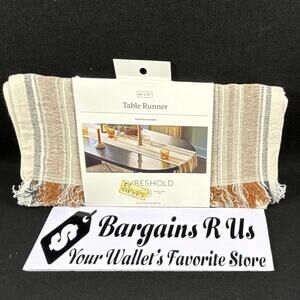 Threshold Striped Table Runner 14 x 72 in Beige Brown Cotton Linen